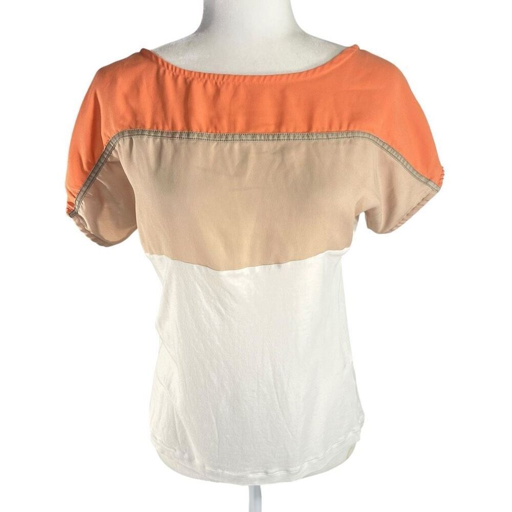 Massimo Dutti Coral Color Block Cotton Cream Beige Soft Top Medium Short Sleeve